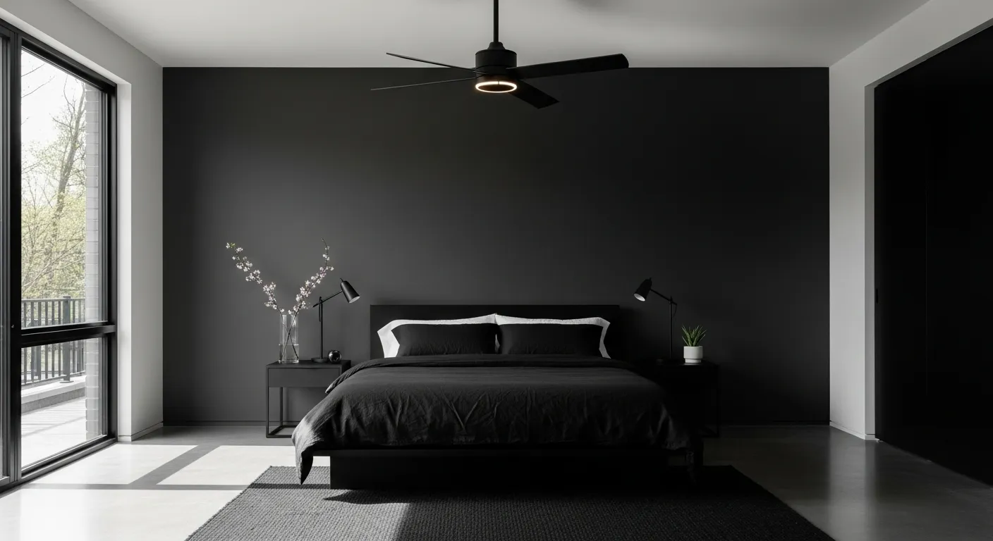 Stylish minimalist bedroom decor with a black color palette, perfect for spring.