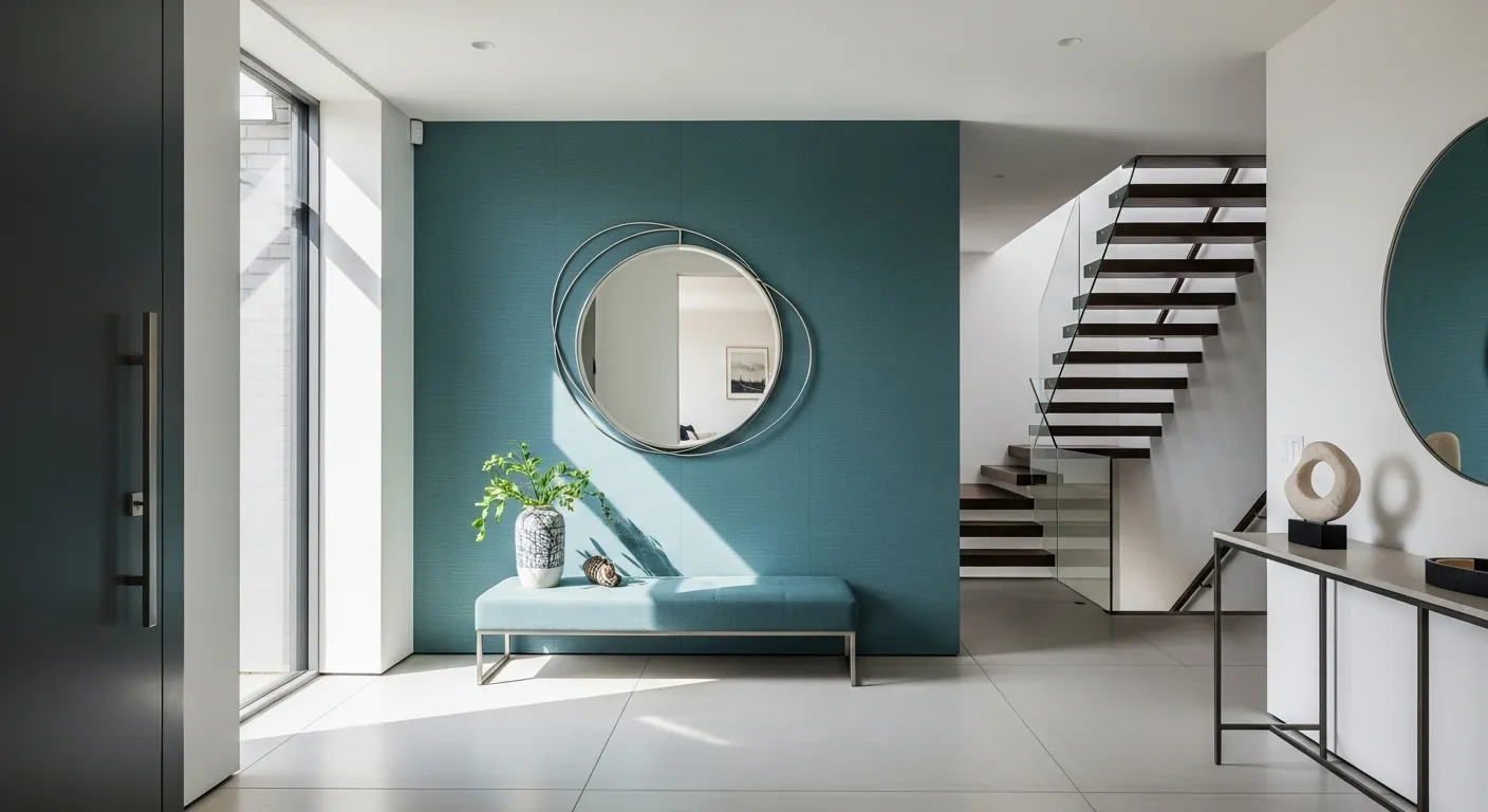 Stylish minimalist entryway featuring teal walls, a circular mirror, and modern bench.