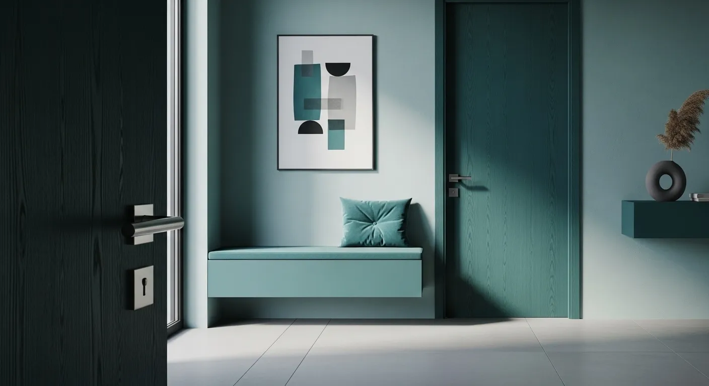 Stylish minimalist entryway in teal with bench, artwork, and modern decor.