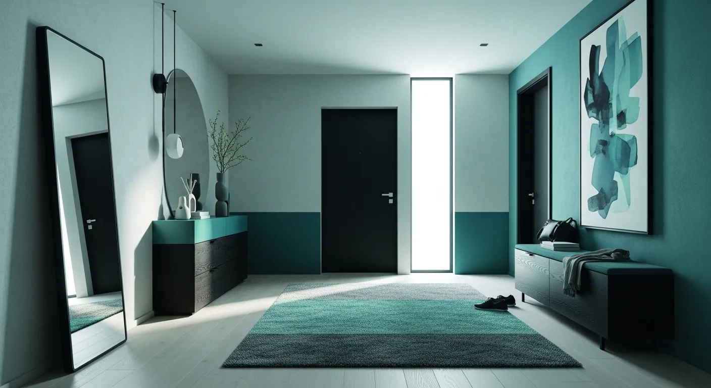 Stylish minimalist entryway with teal accents and modern decor
