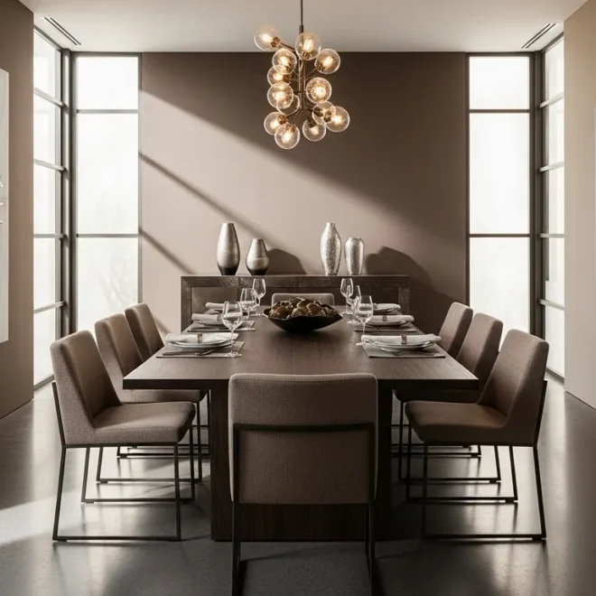 Modern dining room design featuring a truffle color palette with elegant decor and furniture.