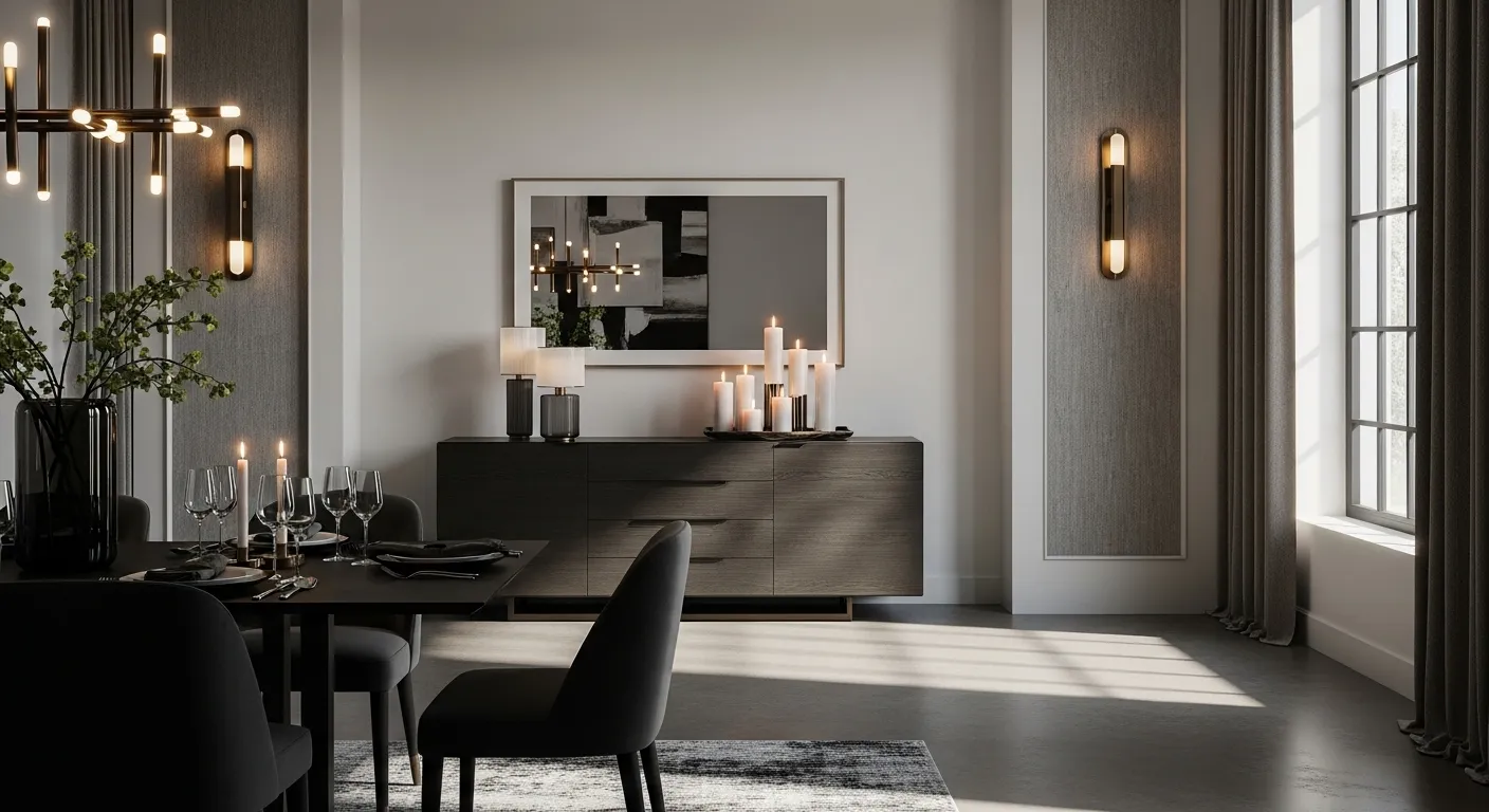 Modern dining room design featuring a truffle color palette with elegant decor and lighting.