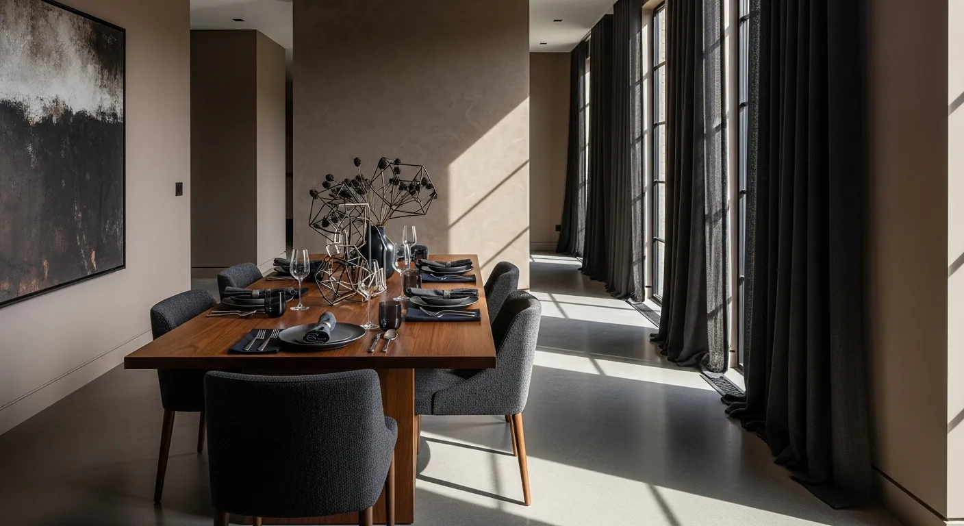 Modern dining room designed with truffle color palette, showcasing elegant furniture and natural light.