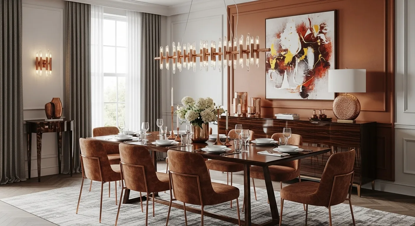 Modern dining room with copper accents, spring decor and elegant table setting.