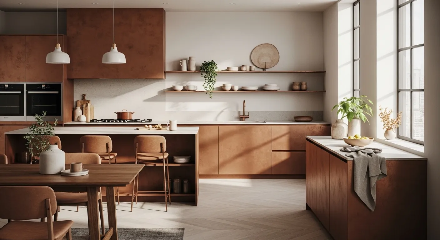 Stylish modern kitchen featuring copper cabinets, light fixtures, and a warm color palette.