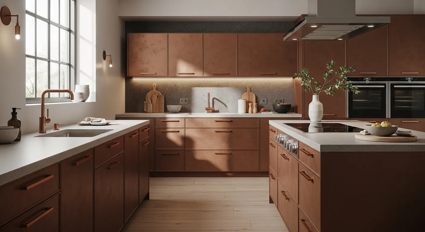 Modern kitchen featuring copper cabinets, countertops, and stylish decor.