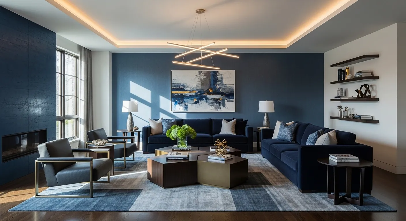 Stylish living room featuring inky midnight blue walls and furniture, modern decor with elegant accents.