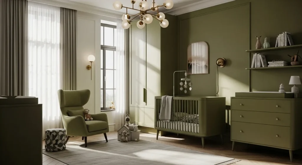 Modern nursery featuring olive green walls, cozy furniture, and stylish decor.