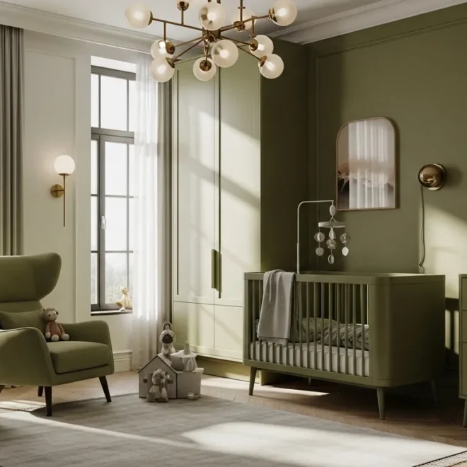 Modern nursery featuring olive green walls, cozy furniture, and stylish decor.