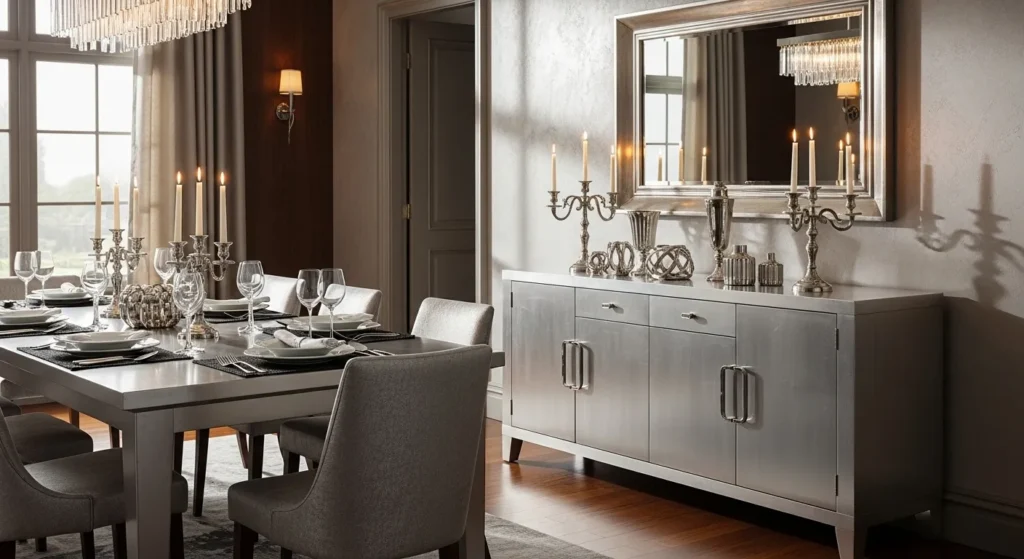 Elegant mid-century modern dining room with silver accents and stylish decor.