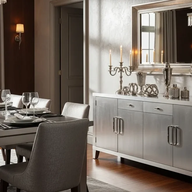Elegant mid-century modern dining room with silver accents and stylish decor.