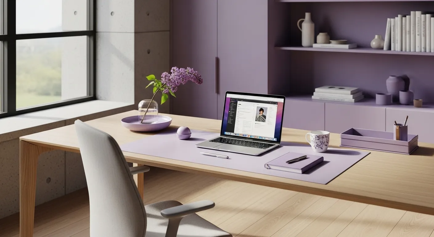 Modern home office decorated in lilac for spring, featuring a wooden desk and stylish decor.