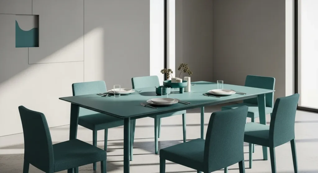 A serene teal minimalist dining room featuring a stylish table and chairs, perfect for everyday dining.