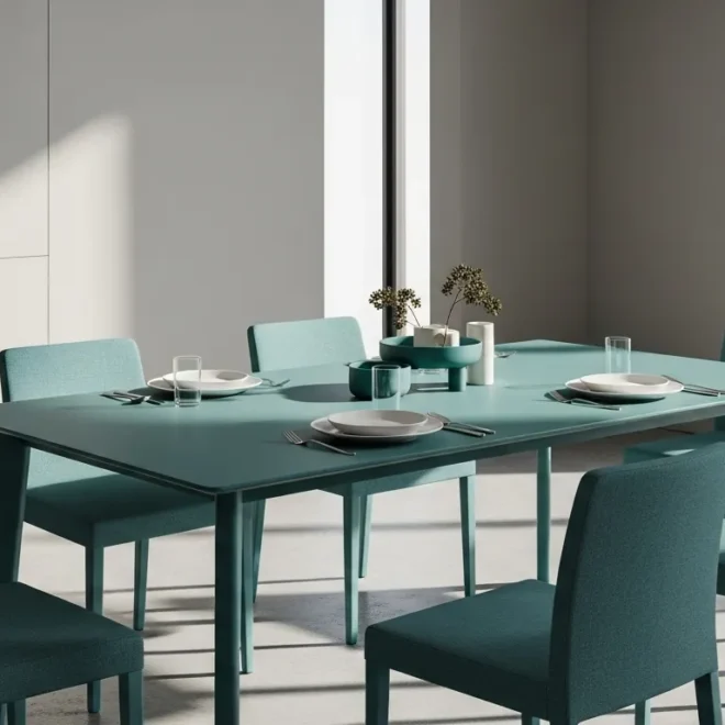 A serene teal minimalist dining room featuring a stylish table and chairs, perfect for everyday dining.