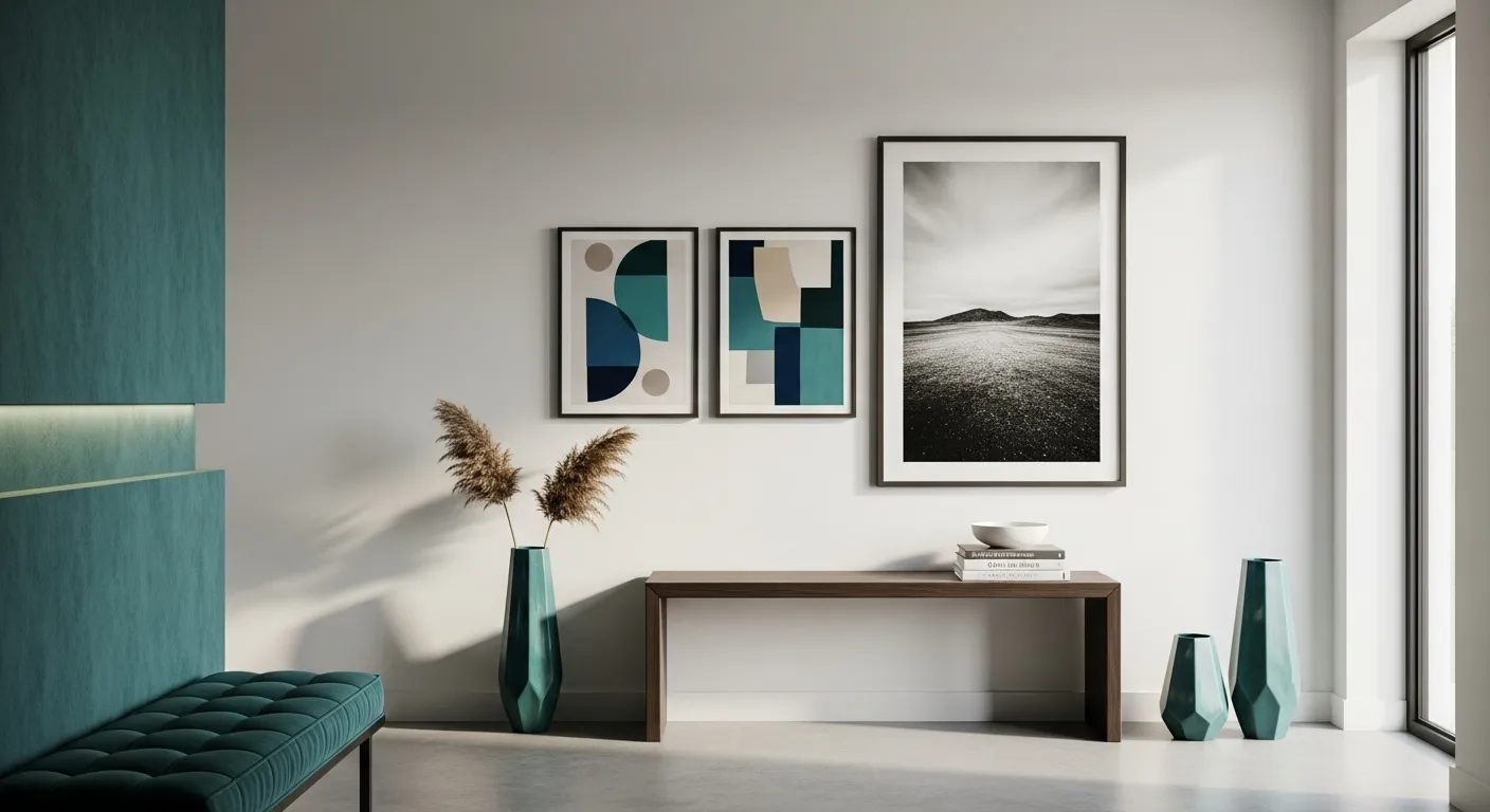 Stylish minimalist entryway with teal accents and modern art decor