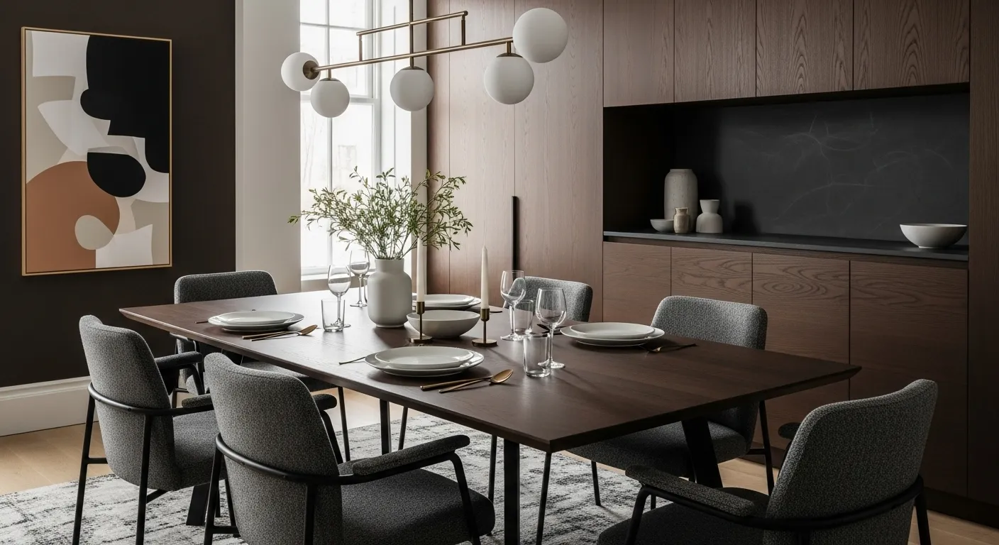Modern dining room featuring a truffle color palette with stylish furniture and decor elements.