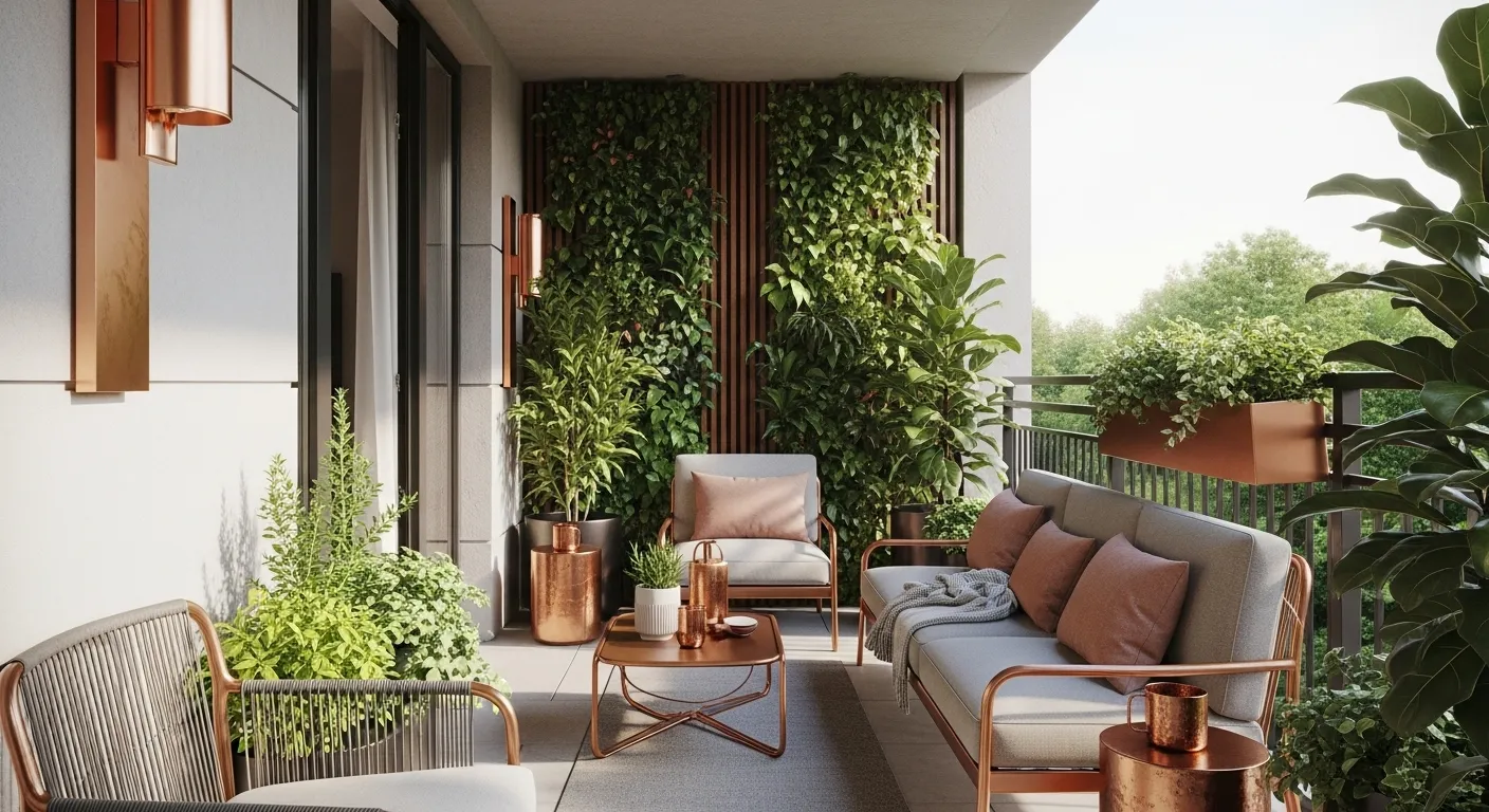 Elegant outdoor balcony design featuring copper accents and lush greenery for a classic luxury feel.