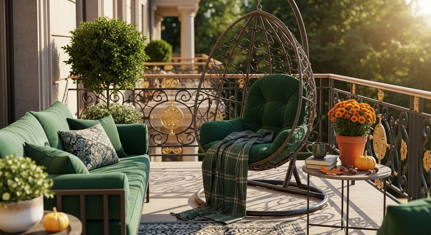 Elegant outdoor balcony design featuring emerald green decor, cozy seating, and autumn plants.