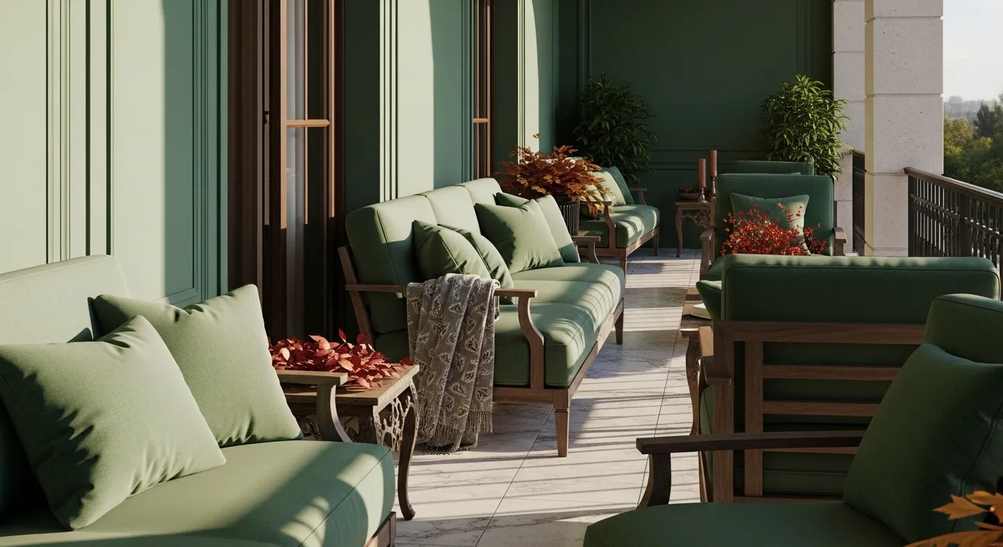 Outdoor balcony with emerald green furniture, autumn decor, and classic luxury style.