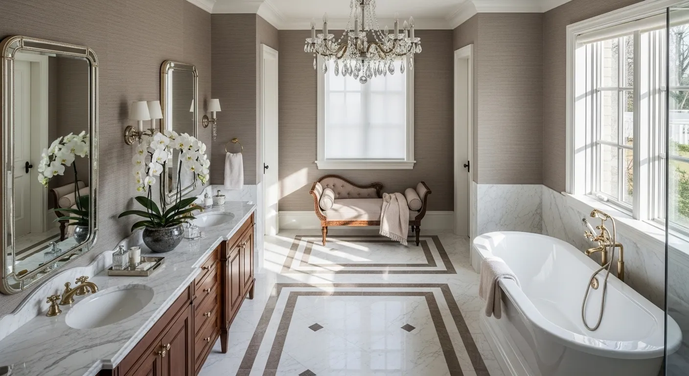 Elegant classic luxury bathroom featuring taupe color palette, chandelier, and modern fixtures.