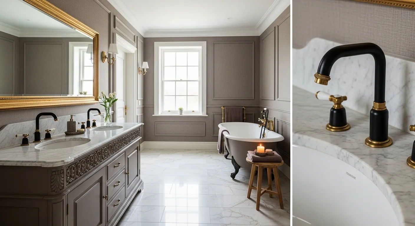 Elegant classic luxury bathroom featuring taupe color palette and stylish fixtures.