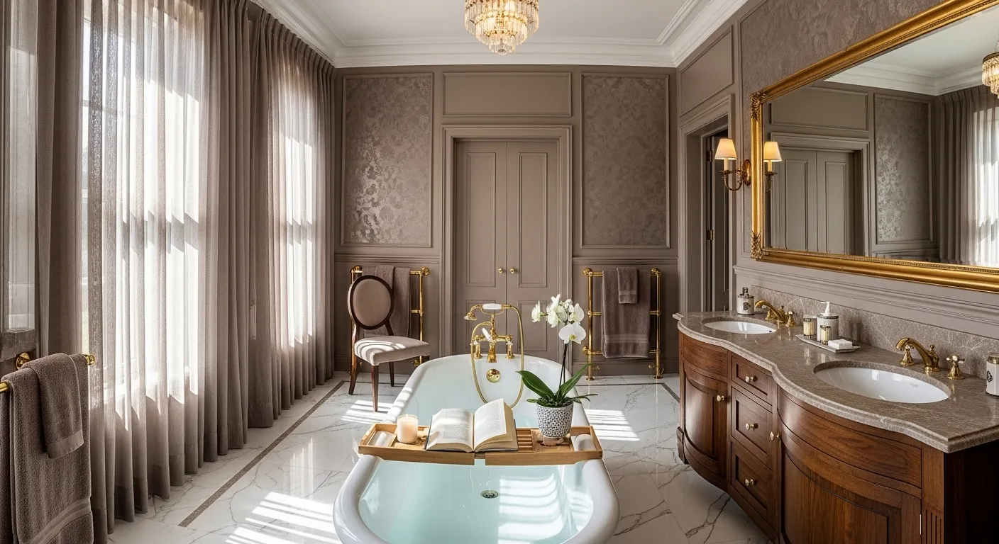 Beautiful classic luxury bathroom featuring taupe color palette, elegant fixtures, and marble accents.