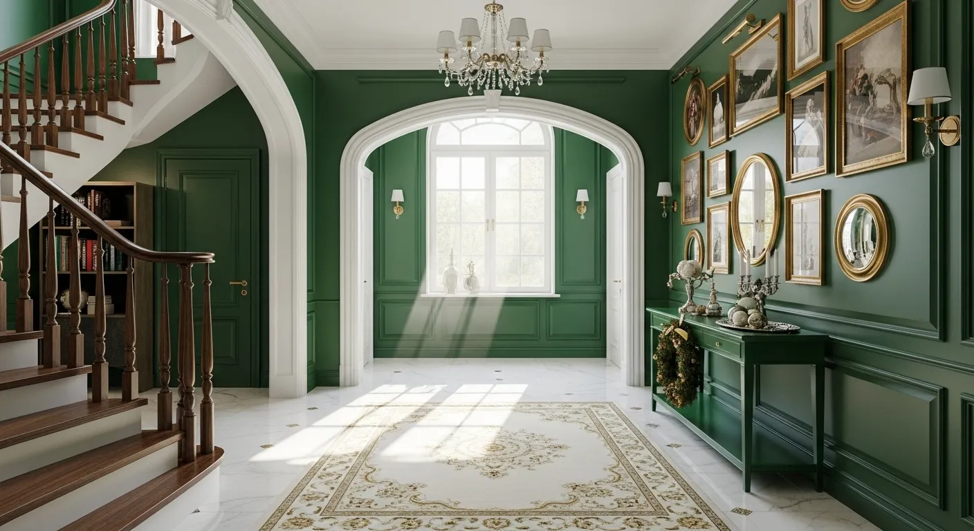 Elegant entryway decorated for Christmas with emerald green walls and classic luxury features.