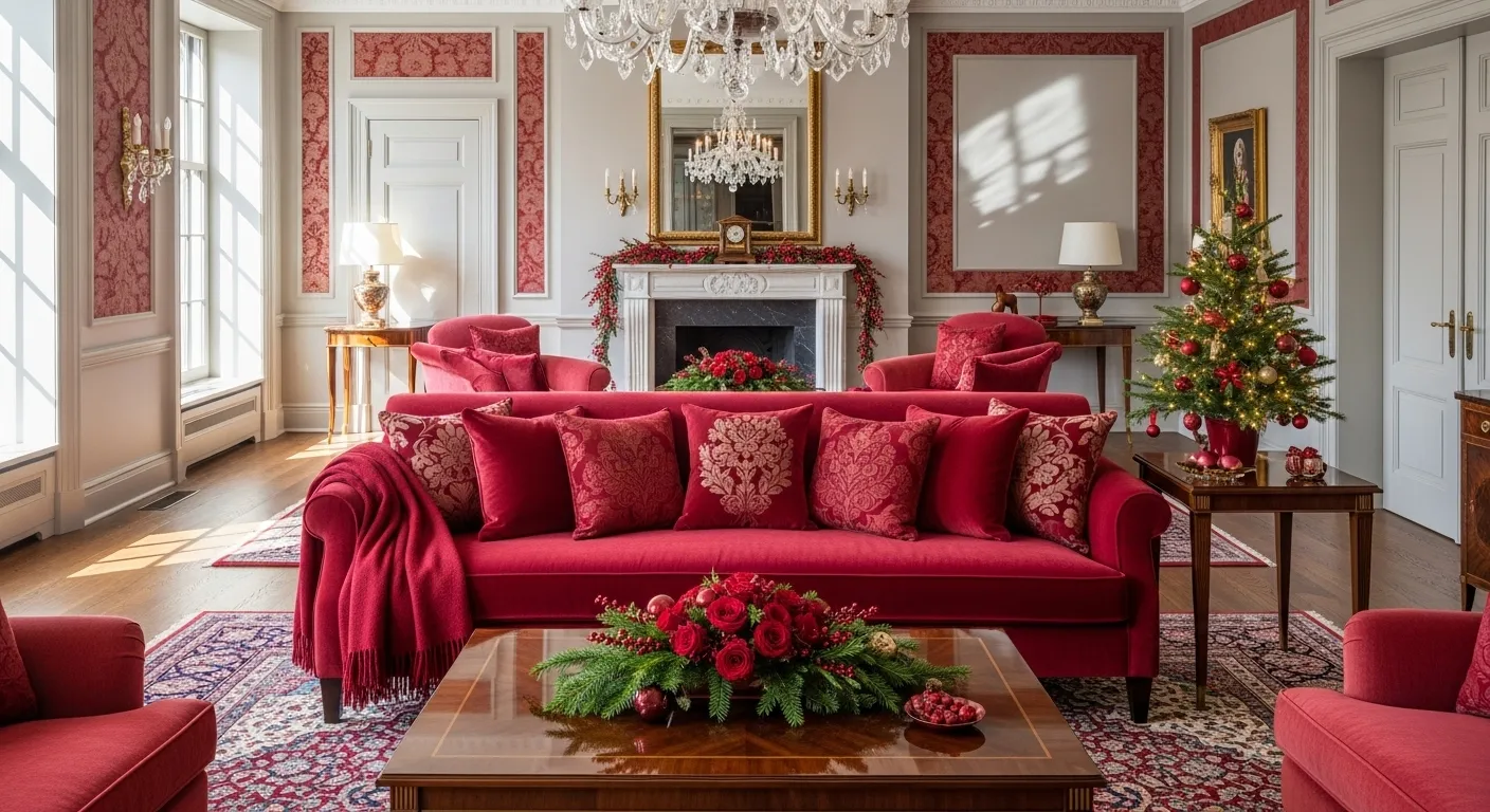Luxurious classic living room decorated for Christmas with red accents and festive decor.
