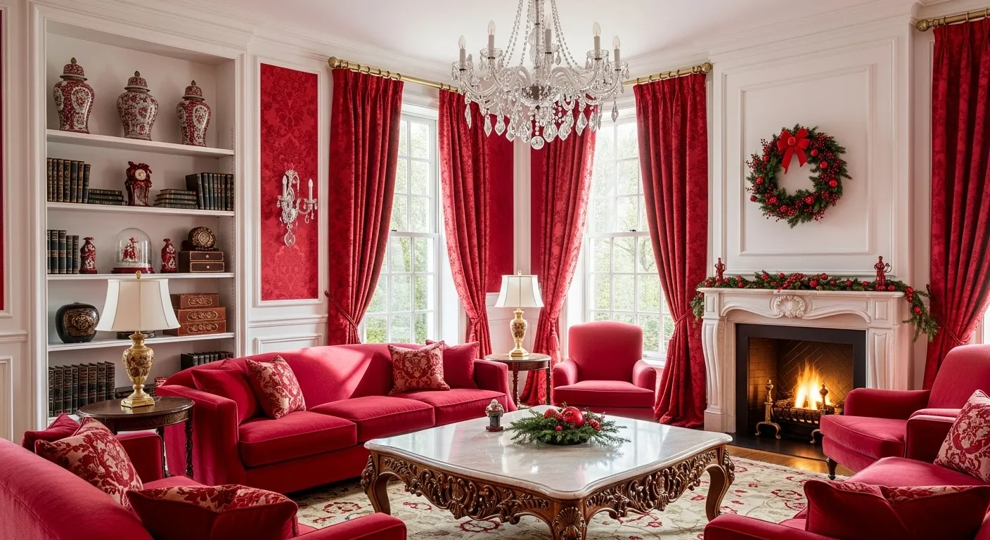 Luxurious classic living room decorated for Christmas with red accents and cozy fireplace.