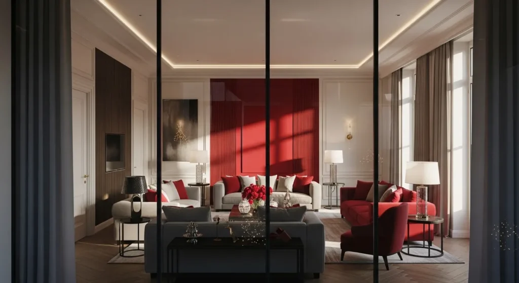 Elegant Christmas living room decor in classic luxury style with red color palette.