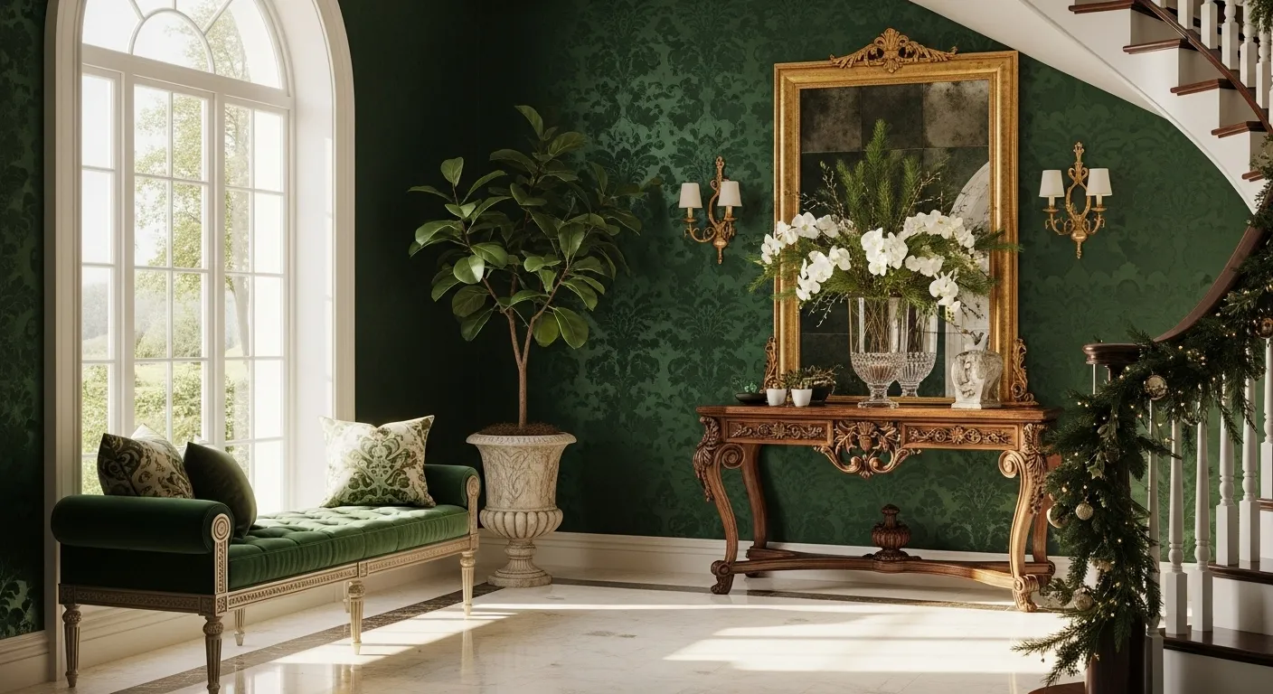 Elegant emerald green entryway decorated for Christmas with classic luxury style.