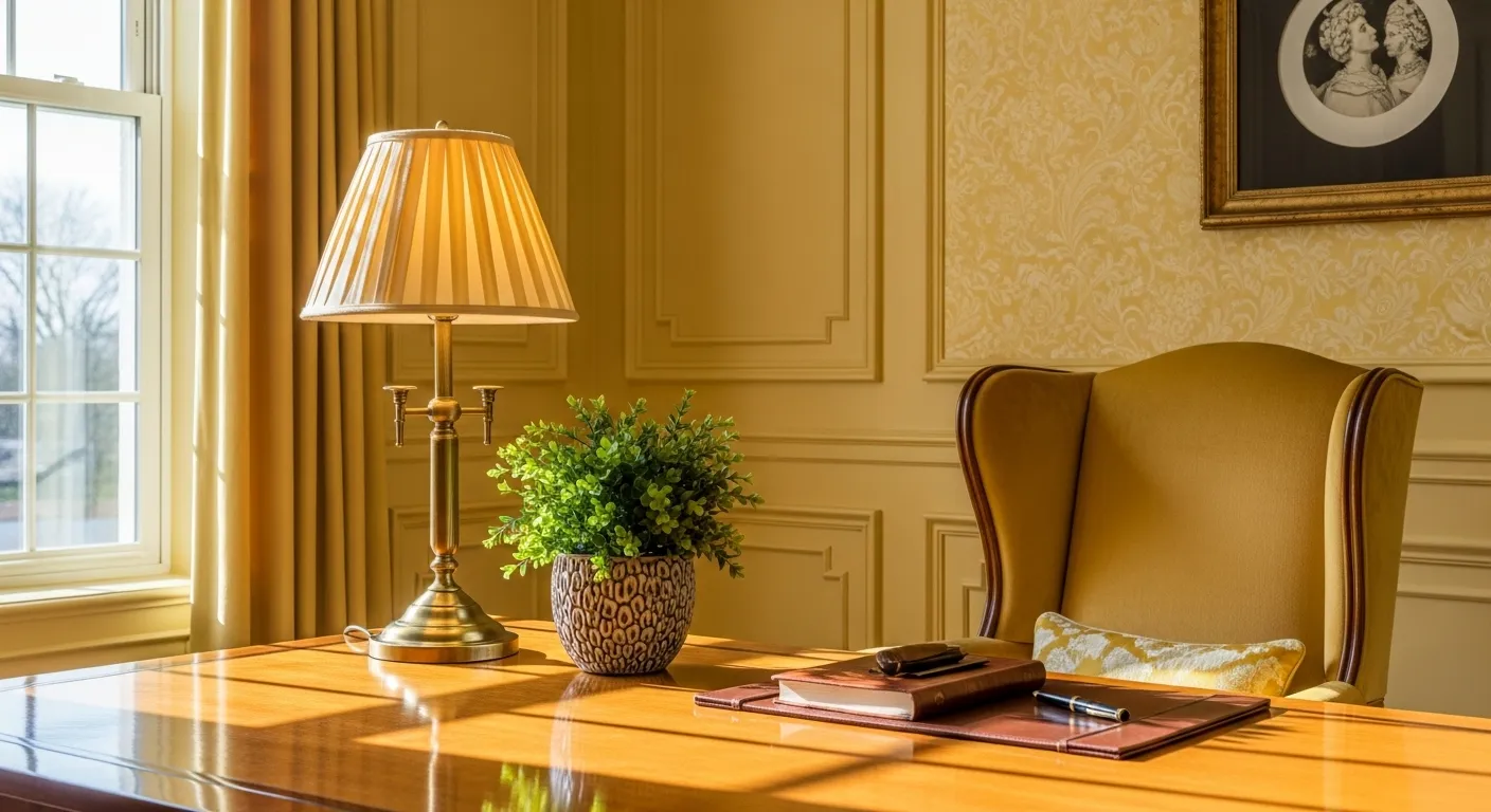 Elegant home office decorated in classic luxury style with butter yellow tones and warm lighting.