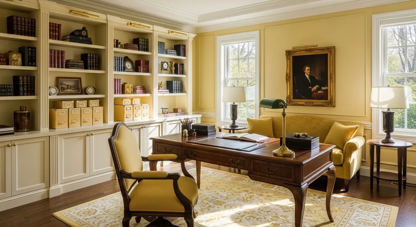 Elegant classic luxury home office with butter yellow accents and stylish decor.