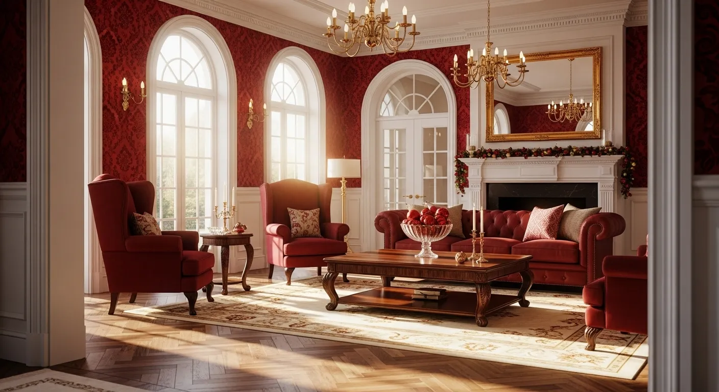 Elegant classic luxury living room decorated for Christmas with red tones and festive decor.