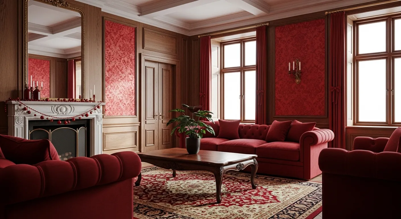 Elegant classic luxury living room decorated for Christmas in red tones.