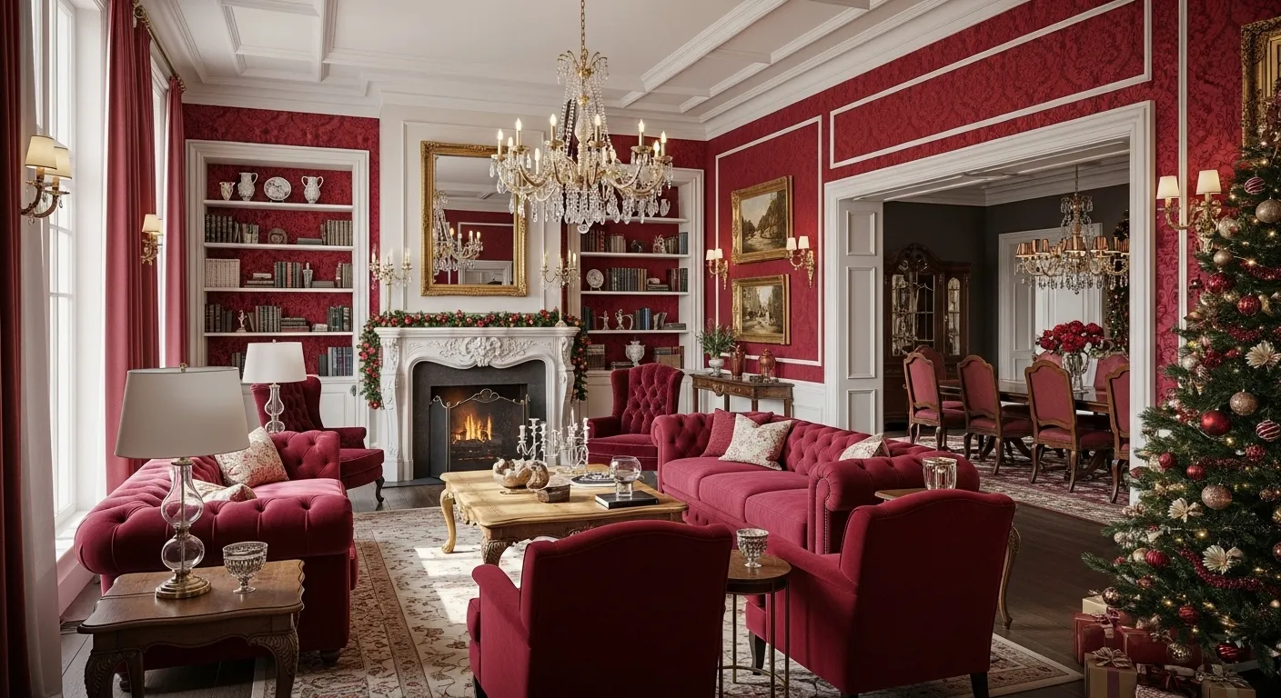 Elegant classic luxury living room decorated for Christmas in red tones with a cozy atmosphere.