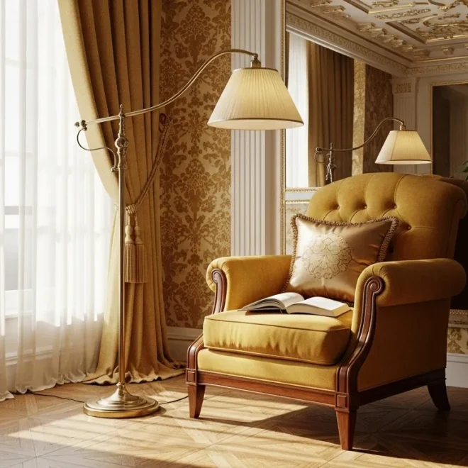 Elegant living room decor featuring gold accents, classic furniture, and luxurious textiles for an everyday vibe.