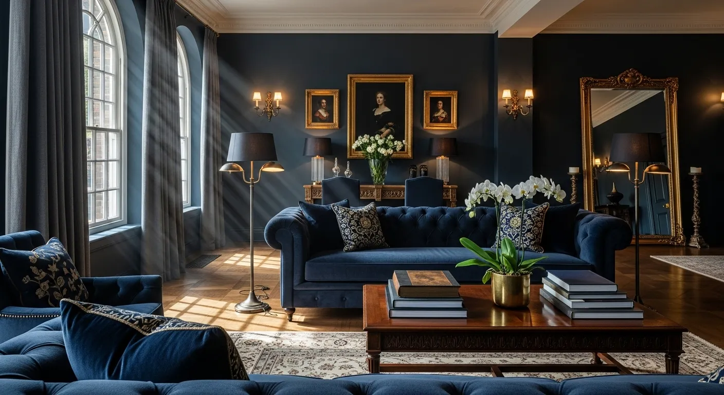 Elegant classic luxury living room featuring inky midnight blue walls, plush sofas, and refined decor.