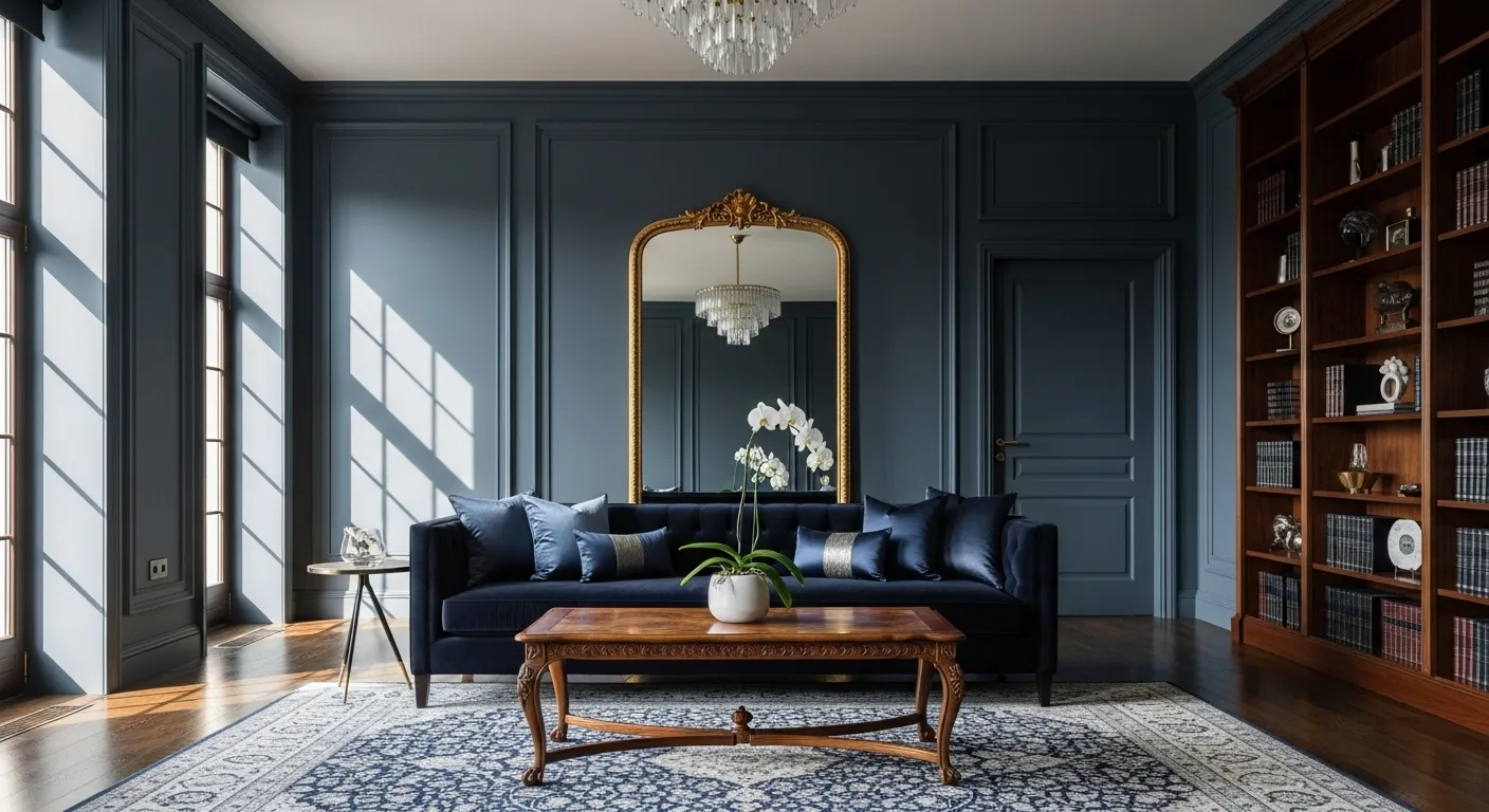 Stylish classic luxury living room featuring inky midnight blue walls, elegant furniture, and rich textures.