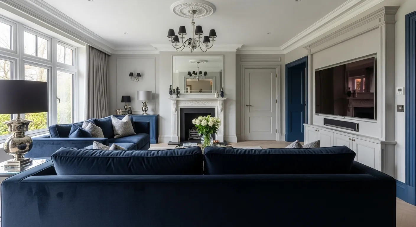 Elegant living room featuring classic luxury design with inky midnight blue color palette and sophisticated decor.