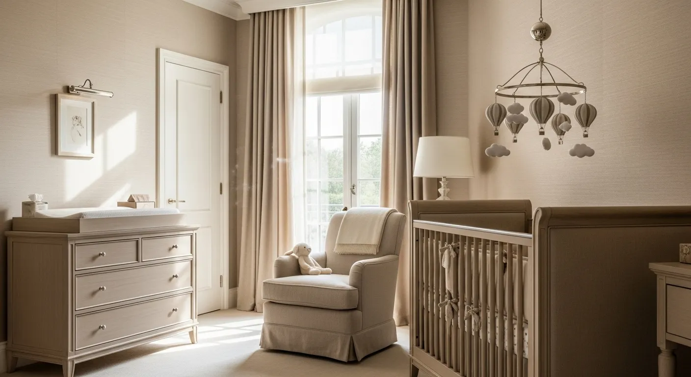 Elegant nursery design featuring beige color palette and classic luxury elements.