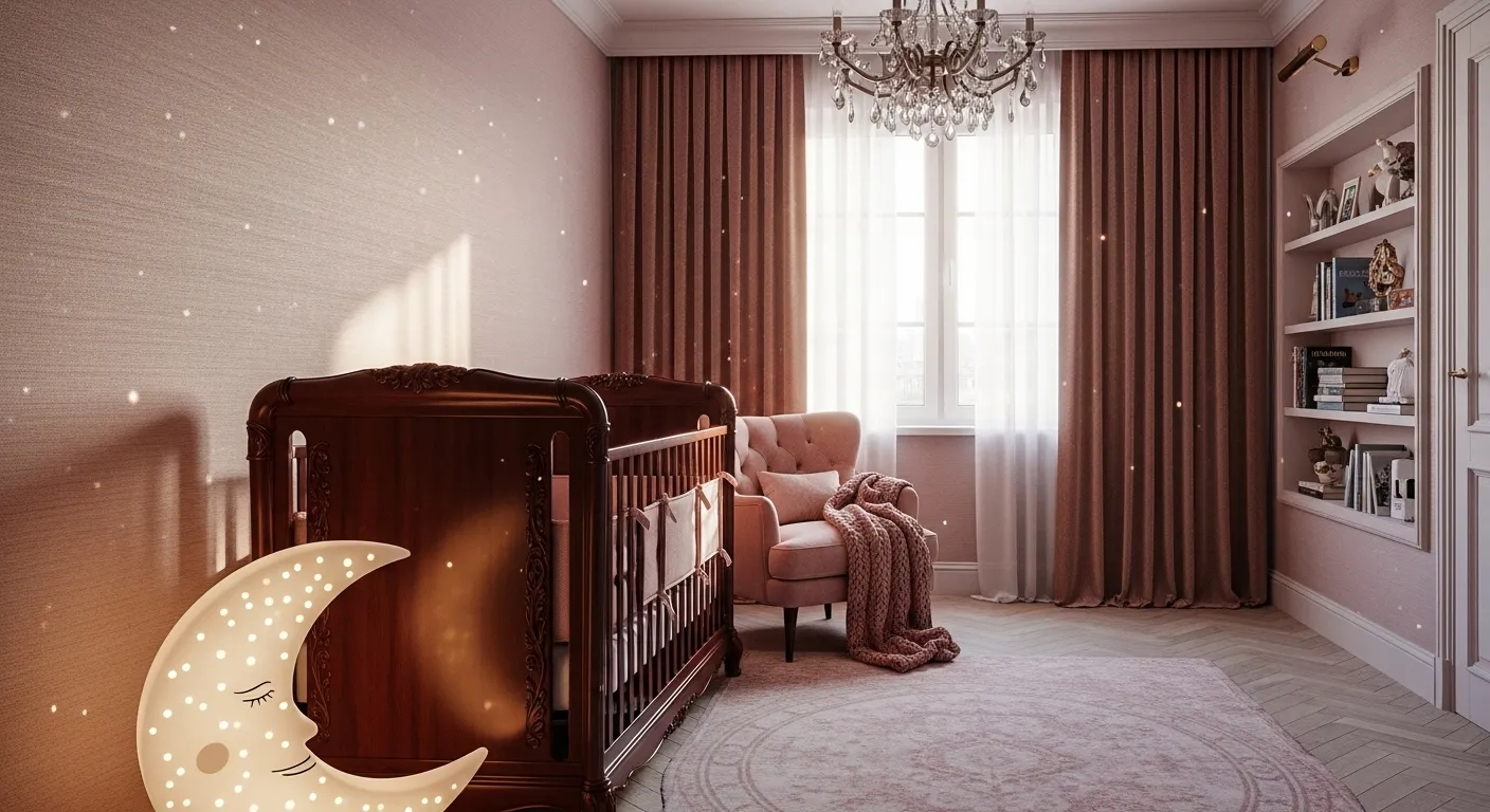 Elegant classic luxury nursery decorated in soft blush colors with a beautiful crib and plush armchair.