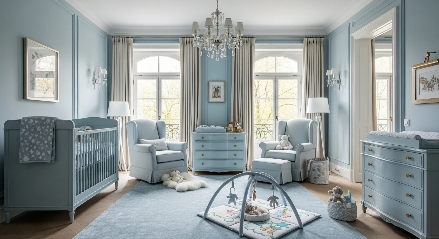 Classic luxury nursery and kids room with sky blue color palette and elegant decor.