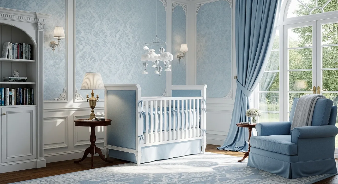 Elegant nursery room featuring classic luxury design in soft sky blue tones.