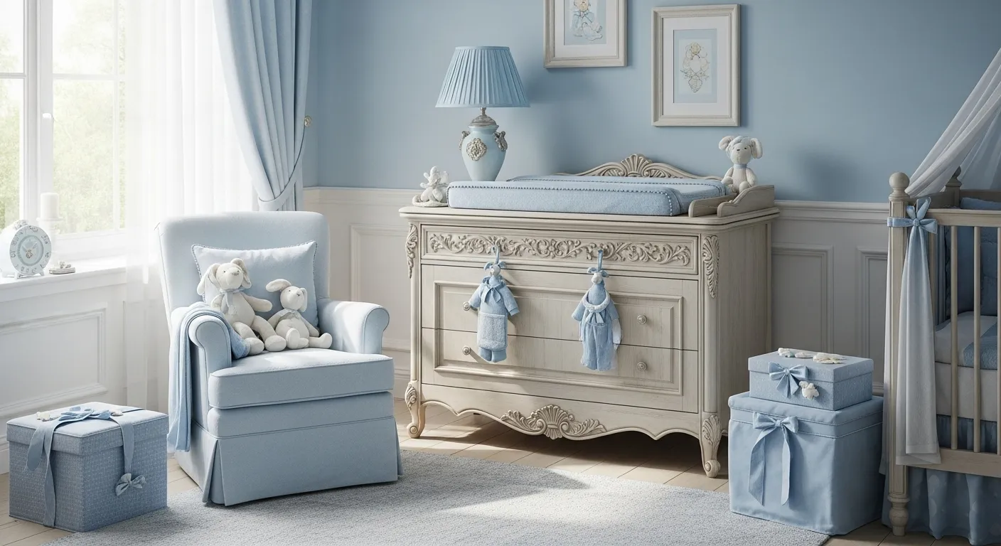 A classic luxury nursery featuring sky blue decor with elegant furniture and soft textures.