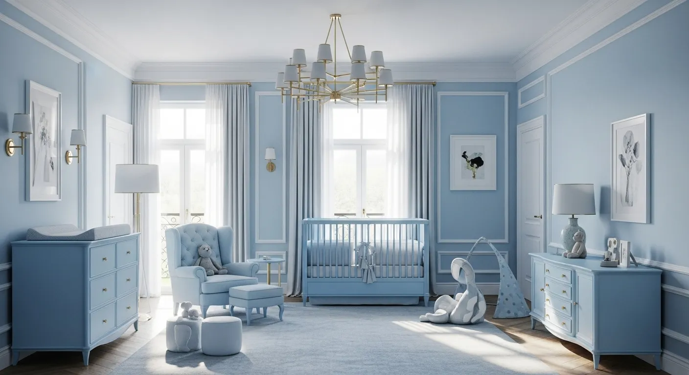 Luxurious sky blue nursery with elegant decor and stylish furniture.