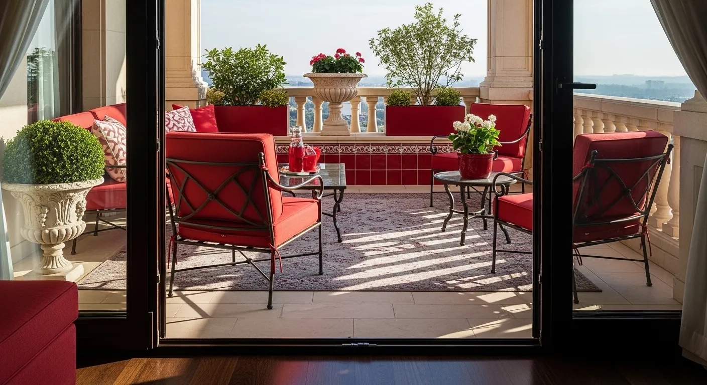 Elegant outdoor balcony design in classic luxury style featuring red furniture and lush greenery.
