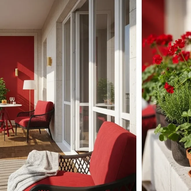 Outdoor balcony in classic luxury style with red furniture and blooming flowers, perfect for elegant everyday relaxation.
