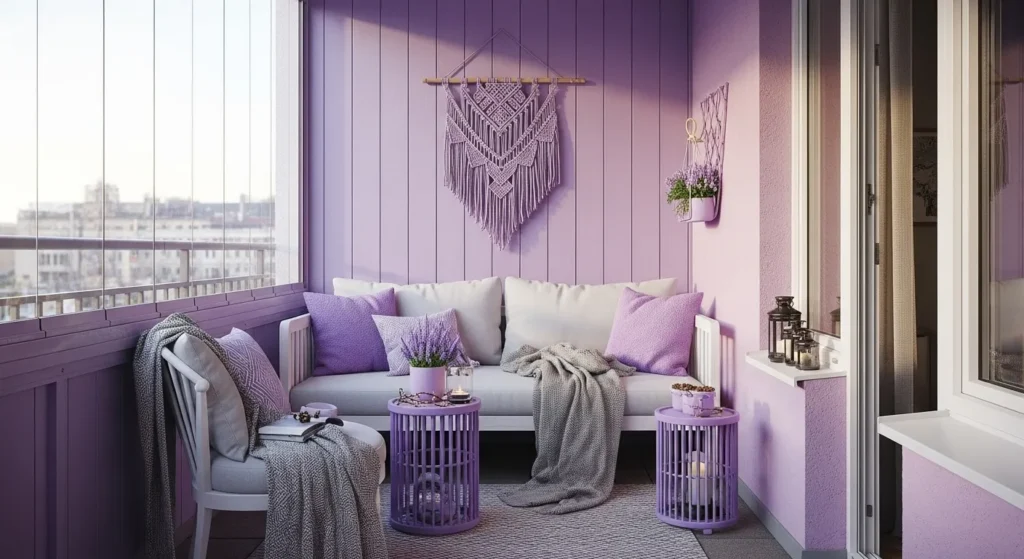 Winter cozy outdoor balcony styled in bohemian lavender colors with plants and soft furnishings.
