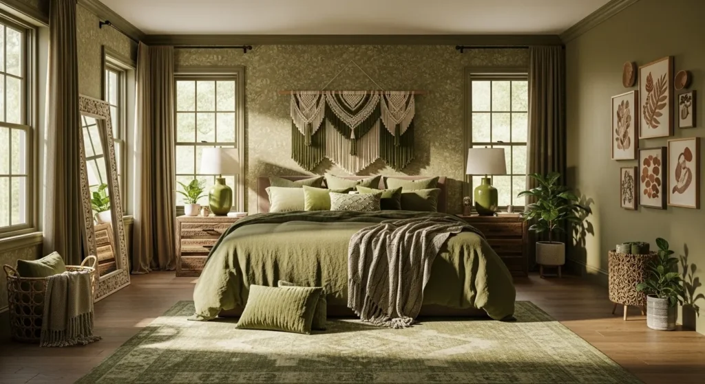 Stylish bohemian bedroom decorated in olive green with natural textures and plants.